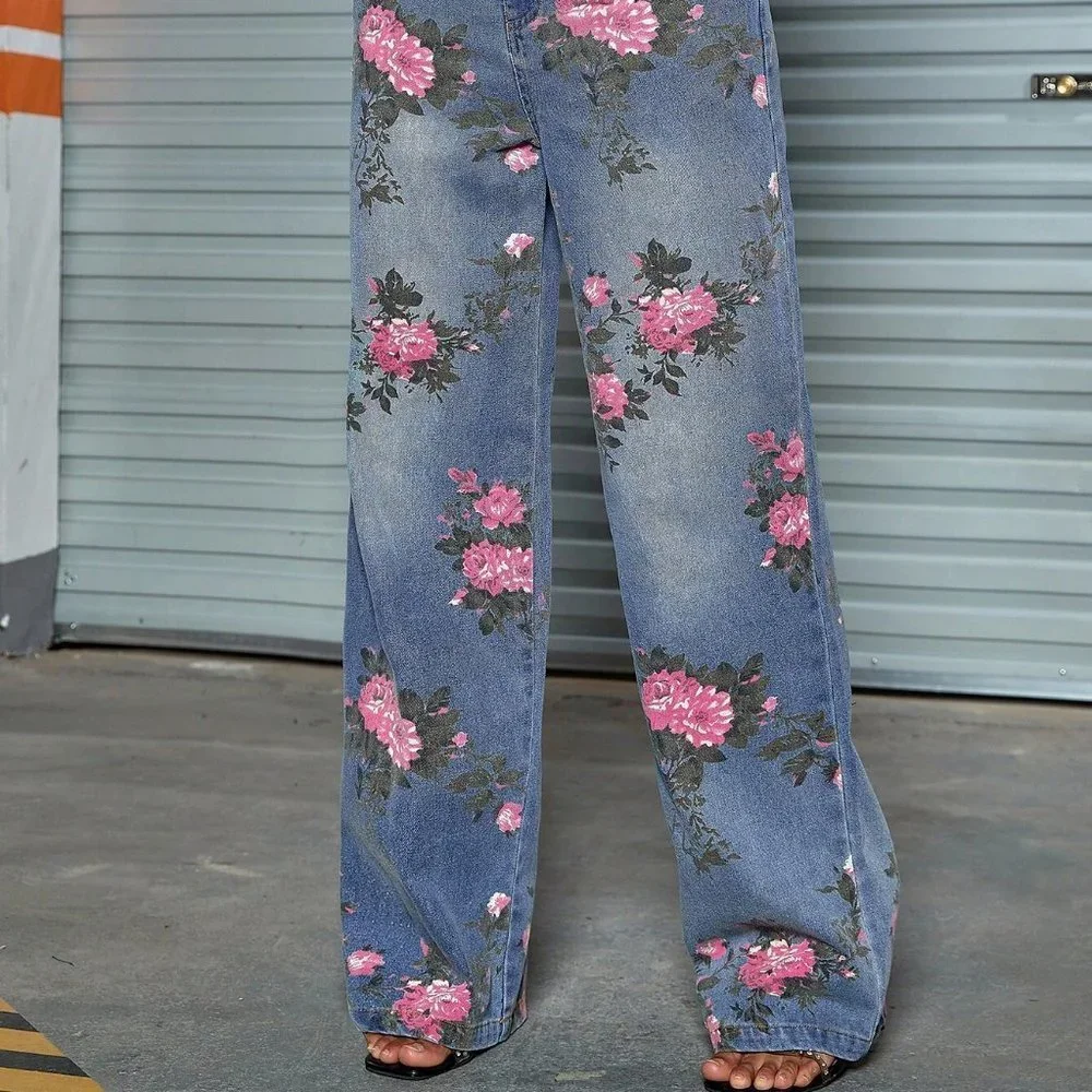 Blue Vintage Womens Floral Print Slant Pocket Straight Leg Jeans - Picture 5 of 5